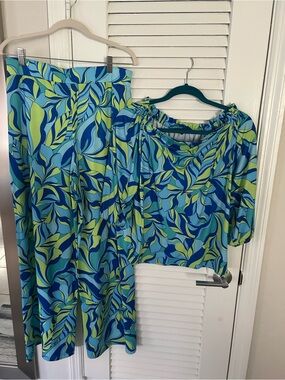 Boston Proper Blue & Green Printed Wide-Leg Pants and Matching Top Sz M